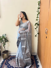 Imperial zari Worked Pure  Organza Blue Saree